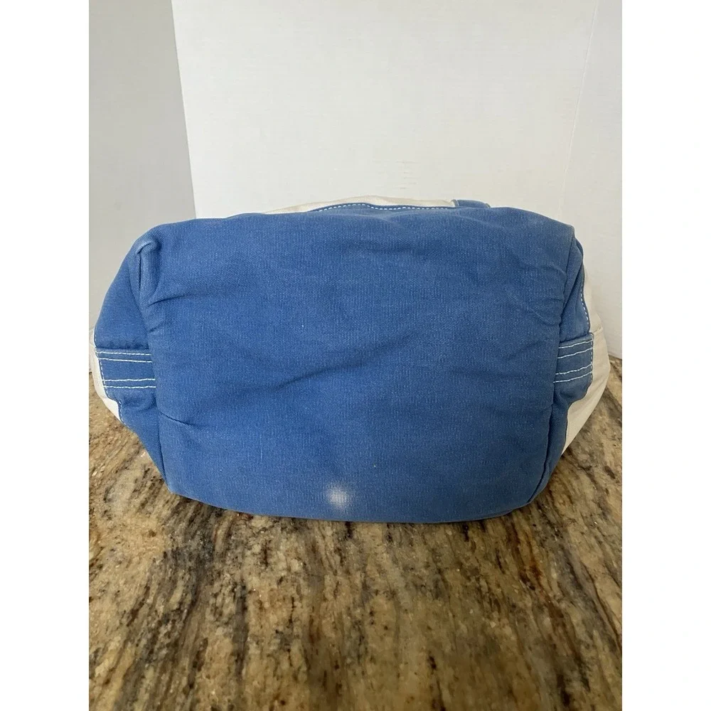 Vintage Lands End Tote 90s Blue White Canvas Large 5 Pocket Double Handle